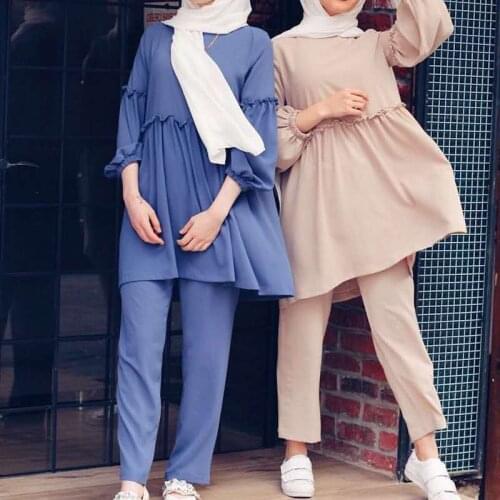 Two Piece Sets Tops and Pants Women Dubai Muslim Abaya Lotus Shap 2 Pieces Sets Kaftan Islam Turkish Islamic Clothing Dress Sets