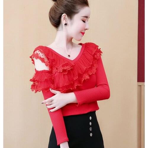 2021 autumn new strapless temperament long-sleeved lace sweater womens V-neck ruffled slim top bottoming shirt