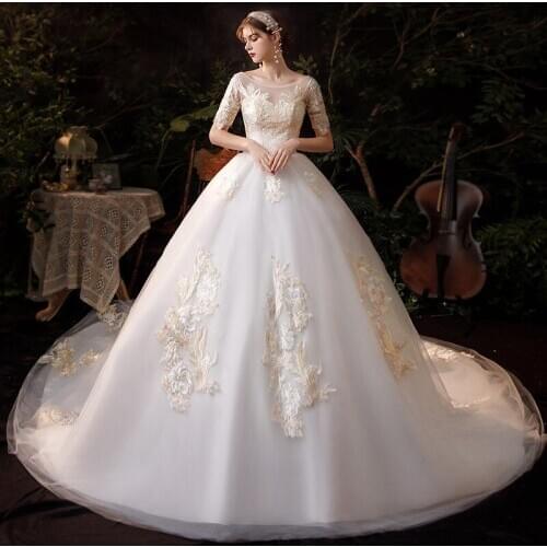 2021 Half Sleeve Wedding Dress With Train Champagne Lace Bridal Ball Gown Princess Vintage Robe De Mariee Vestido De Noiva