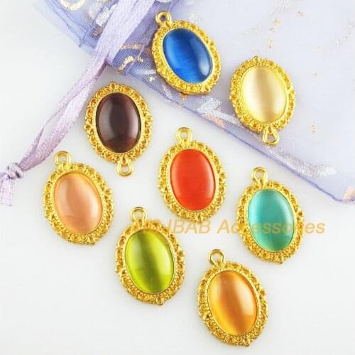 8 New Flower Charms Gold Color Oval Stone Mixed Pendants 16.5x23mm