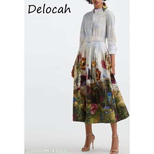 Delocah New 2021 Autumn Women Fashion Designer Party A-Line Dress Lantern Sleeve Sashes Floral Printed Big Swing Midi Dresses