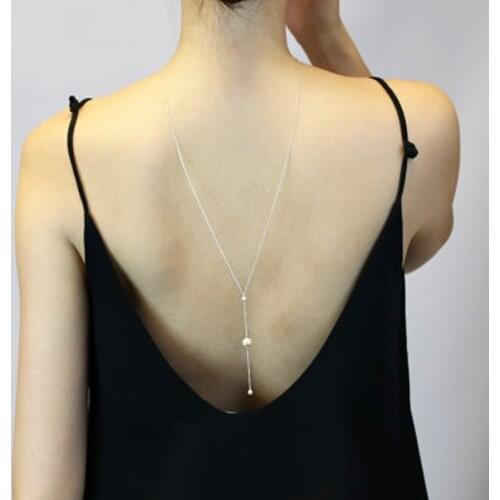 DoreenBeads Acrylic Back Wedding Necklace Sexy Summer Body Jewelry Silver Color Round White Imitation Pearl 66cm long 1PC