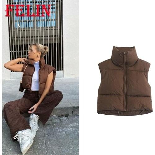 FELIN Za 2021 Women Spring Coats Sleeveless Fashion Short Jackets Waistcoat Streetwear Solid Nylon Thicken Vest Ladies Parkas
