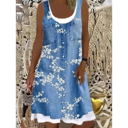 Fake two-piece denim dress plus size womens loose casual floral print round neck sleeveless summer dress