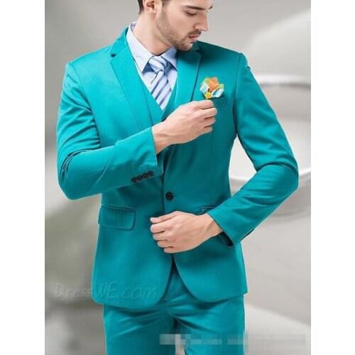 Fashion Turquoises Groom Tuxedos Notch Lapel Mens Suits Bridegroom Wedding Dinner Best Man Suits (Jacket+Pants+Tie+Vest)