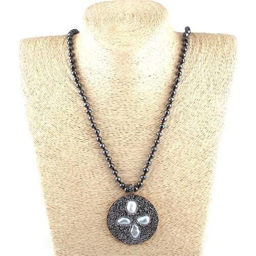 MOODPC Fashion Bohemian Tribal Jewelry 6mm Hematite Stones Knotted Stone Circle Pendant Pearl Retro Necklaces