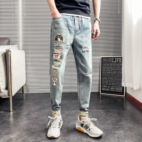 Summer 2020 Fashion Denim teenagers ankle length jeans mens embroidery patch loose holes thin feet casual long pencil pants men