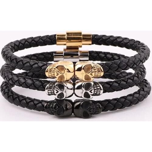 High Quality Punk 316L Stainless Steel Skull Charm Real Genuine Leather Bracelet Men Jewelry Gift