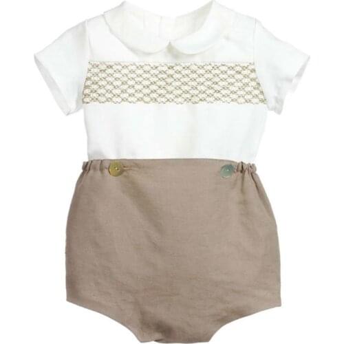 Baby boys vintage Spanish smocked cotton linen short sleeve shirt+shorts two piece sets