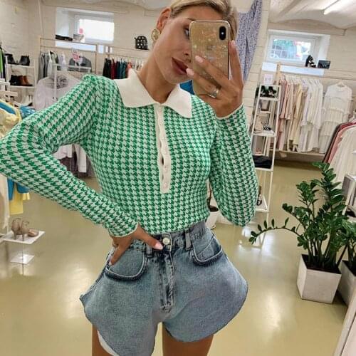 Autumn 2021 Womens Sweater New Fashion Polo Collar Long Sleeve Knitted Pullovers Lady Y2K Houndstooth Slim Top Vintage Sweaters