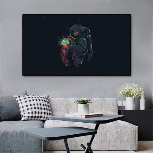 Fun Art Astronaut Playing Jellyfish In Space Canvas Painting Posters and Prints Modern Wall Art Pictures Cuadros for Living Room