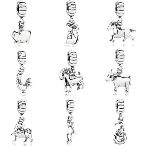 Original Vintage Cute Chinese Zodiac Rat Mouse Piggy Pig Pendant Bead Fit Europe Bracelet 925 Sterling Silver Charm DIY Jewelry