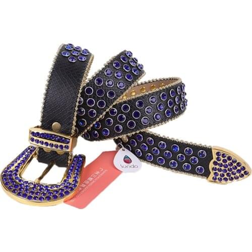 Blue Punk Belt Luxury Brand Belt Men Women Leather Strap Removable Pin Buckle Fashion Rhinestone Studded Waist Belt Y2k Jeans