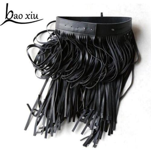 Europe fashion Punk Ladies rivet Boho Fringe long tassel girdle female Black Leather Belt wild for women Waist belt Accessories