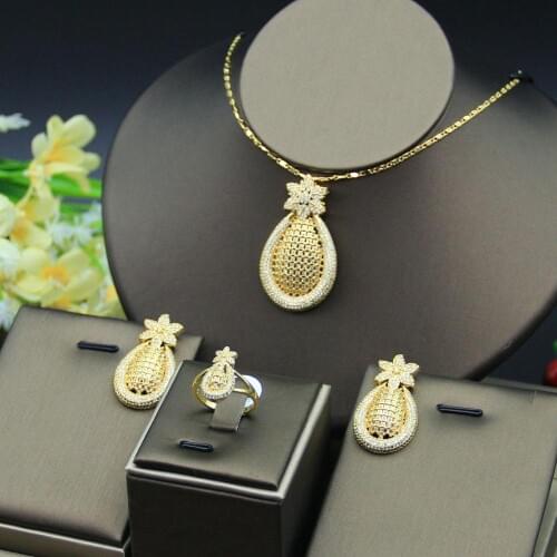 Luxury Water Drop Cubic Zircon Nigerian Necklace Earring Ring Jewelry Sets For Women Wedding Indian Dubai Bridal Jewelry Sets