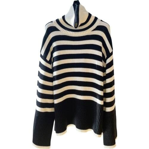 SHUCHAN 56% Wool 44% Cotton Turtleneck Sweaters for Women New Design Striped High Street Thick Winter Autumn Pullover Warm