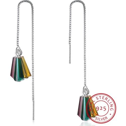 Fan-shaped Colorful Crystal Rainbow 925 Sterling Silver Long Tassel Earrings For Women Ear Chain S-E661