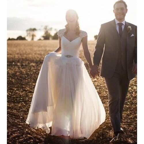 Spring A line Wedding Dresses Cap Sleeve Romantic Beads Sash Garden Beach Summer Bridal Gowns Lace Chiffon Plus Size vestido