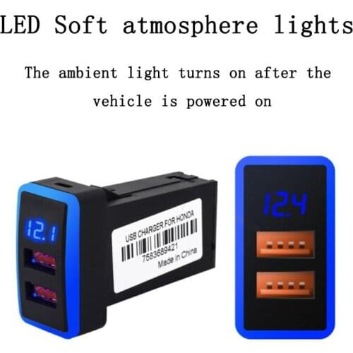 1PC 12V 24V Ambient Light Charger Car Interface Socket Double Connector Double QC3.0 Voltage Display For Honda Accord 00-07
