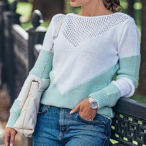 2021 Autumn Blouse For Women O Neck Hollow Sweater Oversized Casual Loose Tops Ladies Knitted Color Contrast White Pink Clothes