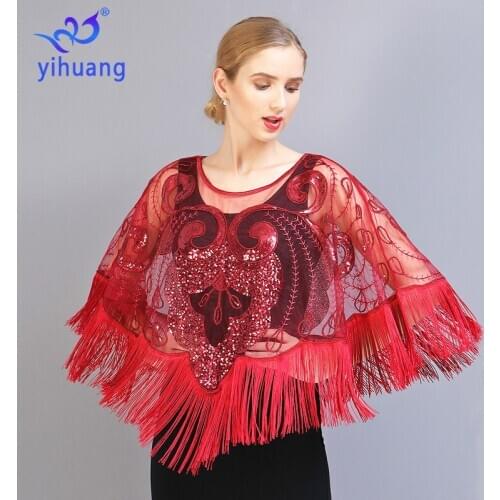 Women Dress Accessory Shawl Sequin Tassel 1920s Deco Evening Party Cape Flapper Cover Up Short Sleeve Blouses