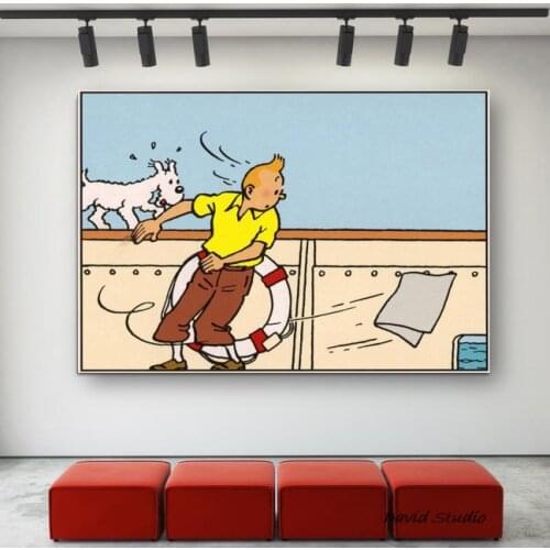 100% Hand Painted Popular Art French Comics Adventures of Tintin Canvas Painting Cartoon TINTIN On Canvas For Sitting Room
