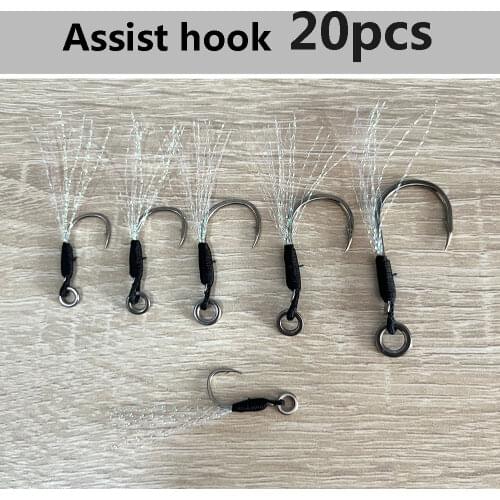 20Pc Assist Hook Metal Jig Head Hook Short PE Line Feather Solid Ring Jigging Spoon Saltwater for 10-200g Fishing Lure Peche