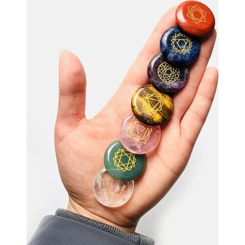 7pcs Chakra Stones Lapis Lazuli Engraved Symbols Polished Palm Gemstones Reiki Agate Crystal Healing Natural Divination Decor