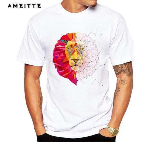 AMEITTE Fashion color geometric design lion T-Shirt Mens Personality Animal Print T Shirt High Quality Hipster Male Tops Tee