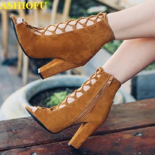 ASHIOFU New Handmade Ladies Chunky Heel Pumps Cross-straps Peep-toe Party Prom Shoes Large Size Fashion Evening Court Shoes