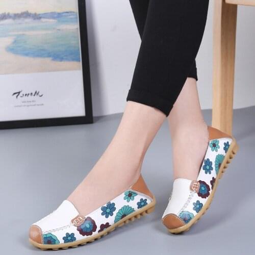 Summer Woman Flats Genuine Leather Shoes Slip On Ballet Flats Women Flats Print Woman Shoes Moccasins Soft Loafers Shoes NVX406
