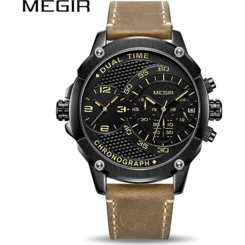 MEGIR Chronograph Sport Quartz Watch Men Dual Time Zone Men Wrist Watches Creative Leather Army Military Wristwatches Clock Hour
