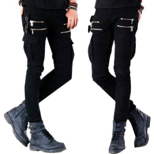 Mens Punk Rock Skinny Cargo Pocket Jeans Pants Men Black Denim Biker Jeans With Zipper Side Pocket Men Pencil Pants