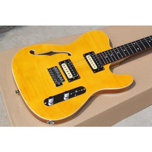 Factory Wholesale Yellow Color One f Hole Electric Guitar with 2 Open Pickups,Double-side Binding,Offer Customized