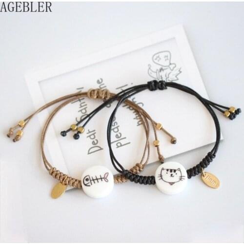 Cute Cartoon Style Jewelry Fashion Couple Bracelet Ceramic Friendship Bracelets Kids Gift Animal Cat Rabbit String Drop Pendant