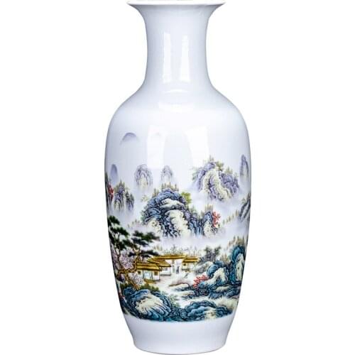46cm Tall Chinese Hand Painted Landscape Famille Rose Floor Vases Tall Large Ceramic Flower Vase Hotel Office decoration