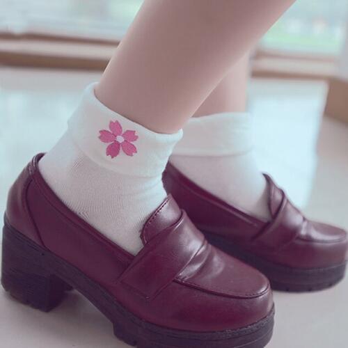 3PCS Lot Wholesales Womens Sakura Embroidery Super Cute Cotton Socks Turn-down Cuff Kawaii Japanese Style Pure Color Socks