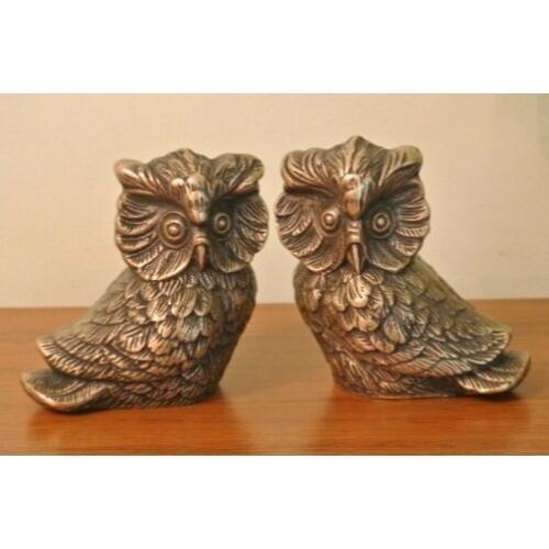 2 Vintage Brass Owl Statue Golden Bronze Pair of Copper Owls Metal Craft Arts Gift Home Office Table Decoration Antique Animal