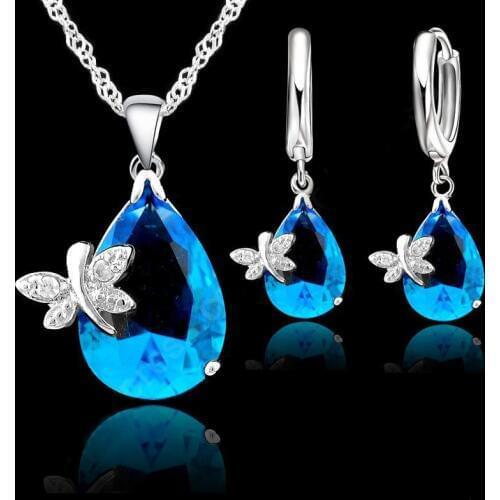Hot Jewelry Sets 925 Sterling Silver Austrian Crystal Dragonfly Water Drop CZ Pendant Necklace Lever Back Hoop Earrings