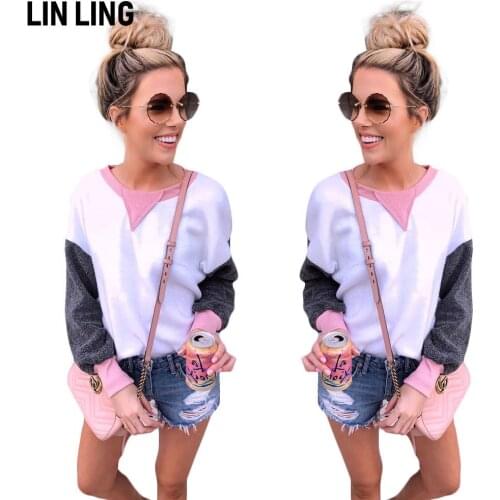 LINLING Winter Warm Long Sleeve Stitching Top Color Contrast Prevalent Round Neck Loose Pullover Sweater Street Fashion