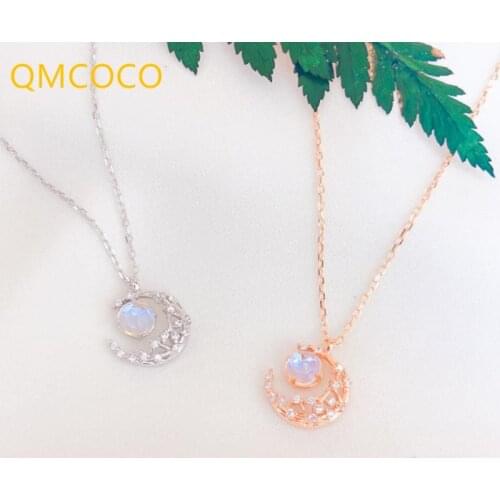 QMCOCO 925 Silver Trendy Irregular Moon Shape Zircon Pendant Chain For Women Simple Clavicle Necklace Party Jewelry Gifts