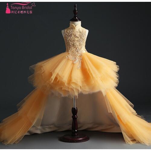 Gold Luxury Flower Girls Dress High Low Short/Mini Dress with Detachable Train pageant dress for girls vestido de daminha ZF116