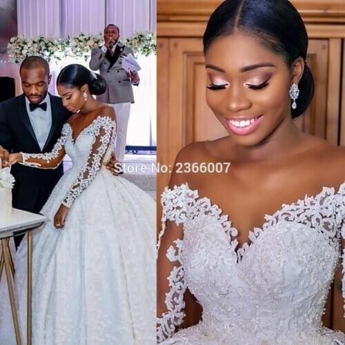 Luxury Dubai Afican Nude Tulle Long Sleeves Wedding Dress Boho Lace Appliques Arabic Bridal Gowns Custom Made Elegant Dresses