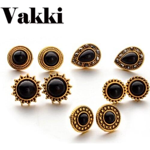 New 5 Pairs/Set Women Crystal Round Boho Earring Stud Earrings Sets for Women Cute Small Jewelry Black Opal Brincos