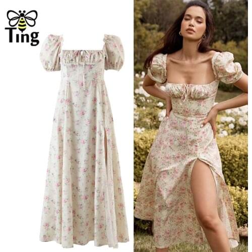 Tingfly Summer Women Street Fashion Floral Pattern Sexy Split Midi Dress Casual Street Slit Exotic Boho Dresses Femme Robes Za