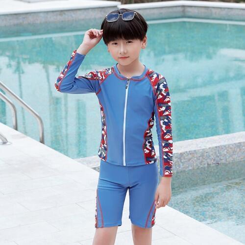 High Quality Cute Boys Two pieces Swimwear Kids Long Sleeved Swimsuit Children Bathing Suits Beachwear SIZE 2XL-5XL