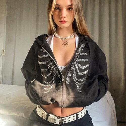 Y2K Rhinestone Women Skeleton Grunge Goth Hoodie Black Hippie Zip Up Oversized Hoodies Autumn Winter Dark Waatfaak Streetwear