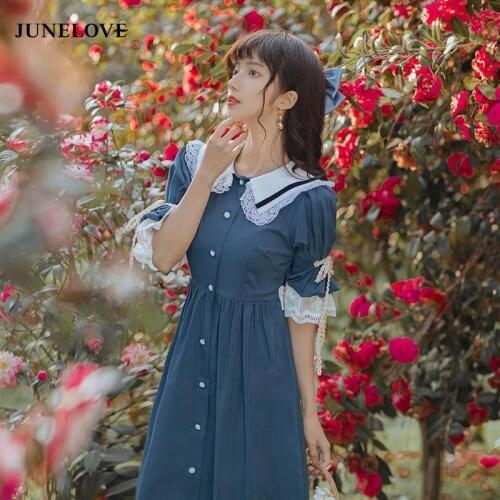 JuneLove 2021 Summer Kawaii Lolita Dress Women Patchwork Lace Vintage Princess Dress Short Sleeve Sweet Cute Fairy Tale Dress