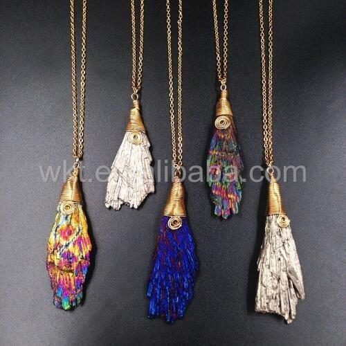 WT-N746 Handmake Gold Necklace Wholesale 5pcs natural Kyanite 40-50mm mixed colors pendant wire wrapping gold chain necklaces