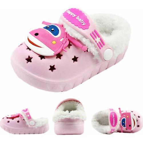 Winter Kids Clogs Warm Fur Childrens Indoor Shoes Home Hole Mules Navy Cute Pins Sandal EVA Flat Kid Shoes